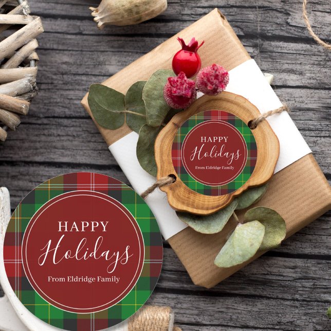 Christmas Plaid Happy Holidays Family Name  Runder Aufkleber (Von Creator hochgeladen)