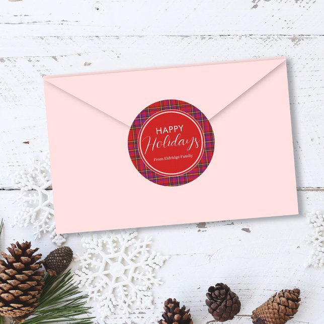 Christmas Plaid Happy Holidays Family Name  Runder Aufkleber (Von Creator hochgeladen)
