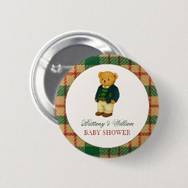 Christmas Plaid Preppy Bear Baby Shower Button