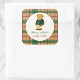 Christmas Plaid Preppy Bear Baby Shower Quadratischer Aufkleber