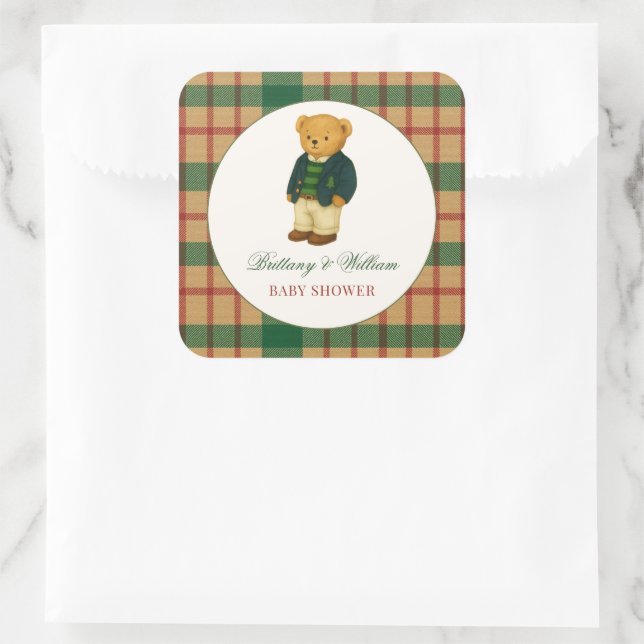 Christmas Plaid Preppy Bear Baby Shower  Quadratischer Aufkleber (Tasche)