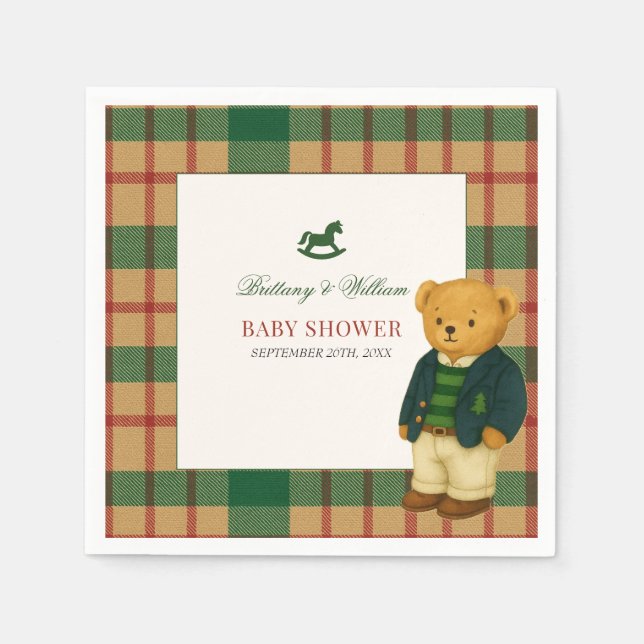 Christmas Plaid Preppy Bear Baby Shower  Serviette (Vorderseite)