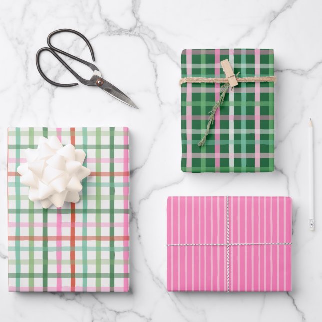 Christmas Plaids - Green & Pink White Geschenkpapier Set (Vorderseite)