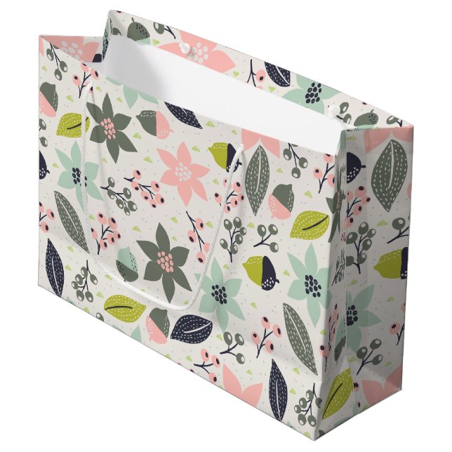 Christmas Poinsettia Acorns Grau Aqua Lime Green Große Geschenktüte (Vorderseite Schrägansicht)