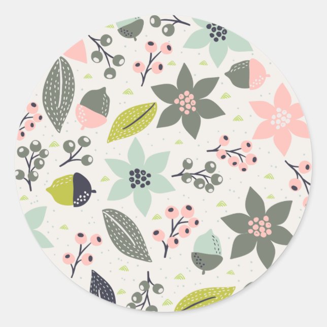 Christmas Poinsettia Acorns Grau Aqua Lime Green Runder Aufkleber (Vorderseite)