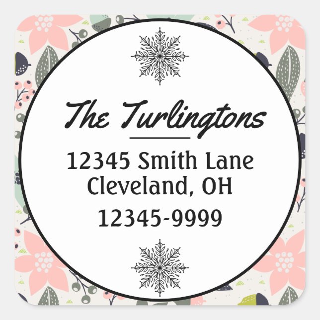 Christmas Poinsettia Acorns Grau Rücksendeadresse Quadratischer Aufkleber (Vorderseite)