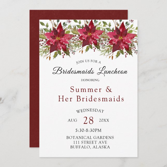 Christmas Poinsettia Greenery Bridesmaids Luncheon Einladung (Vorne/Hinten)