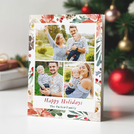 Christmas Poinsettia Holly Berries Floral 3 Foto Feiertagskarte