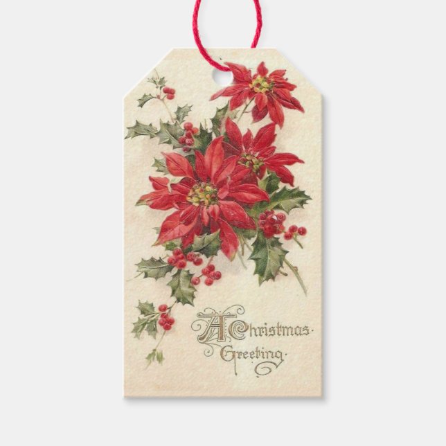 Christmas Poinsettia Holly Vintag Red Holiday Geschenkanhänger (Vorderseite)