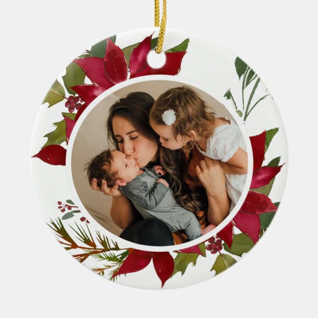 Christmas Poinsettia Joyeux Noël Foto Keramik Ornament (Vorne)