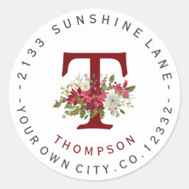 Christmas Poinsettia Monogram Address Label Runder Aufkleber