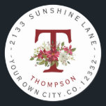 Christmas Poinsettia Monogram Address Label Runder Aufkleber<br><div class="desc">Einzigartiges Rundadresslabel-Design mit rotem und weißem Wasserfarbenpoinsettia Blumenbrief (Ihr erstes),  Rundschreiben. Verwenden Sie das Tool Anpassen,  um Ihre Informationen hinzuzufügen,  initial und vielleicht müssen Sie zu passen,  ändern Sie die Schriftart-Farben. Fügen Sie für dieses "Aussehen" ein Leerzeichen zwischen Buchstaben und Doppelzeichen zwischen Wörtern hinzu.</div>