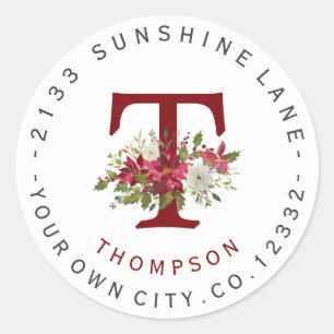 Christmas Poinsettia Monogram Address Label Runder Aufkleber