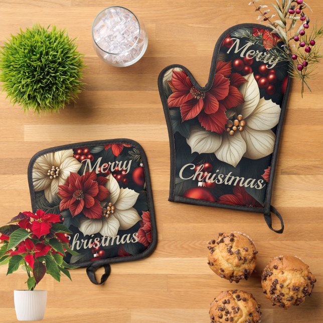 Christmas Poinsettia Oven Mitt & Pot Holder Set (Add a festive touch to your kitchen with our Christmas Poinsettia Oven Mitt & Pot Holder Set)