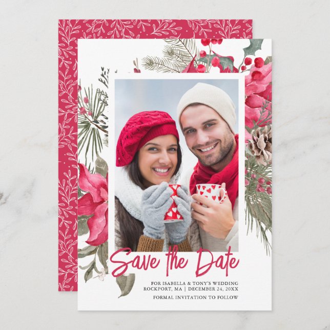 Christmas Poinsettia Red Floral Holly Pine Save The Date (Vorne/Hinten)