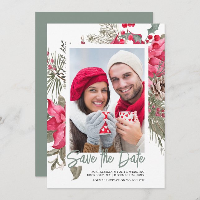 Christmas Poinsettia Red Floral Holly Pine Save The Date (Vorne/Hinten)