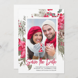 Christmas Poinsettia Red Floral Holly Pine Save The Date