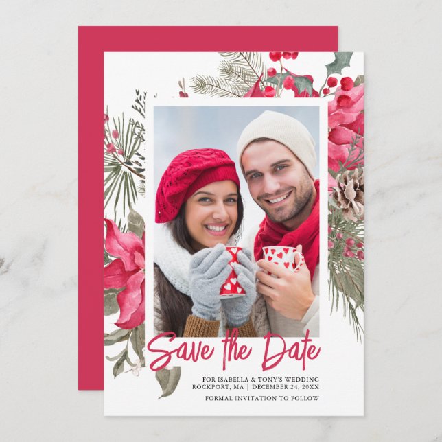 Christmas Poinsettia Red Floral Holly Pine Save The Date (Vorne/Hinten)