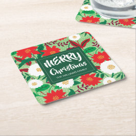 Christmas Poinsettia Red White Floral Monogram Rechteckiger Pappuntersetzer