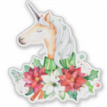 Christmas Poinsettia Unicorn Head Aufkleber<br><div class="desc">Weihnachts-Poinsettienbukett mit Einhornkopf.</div>
