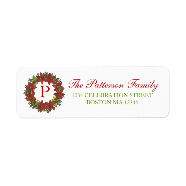 Christmas Poinsettia Wreath Monogram Address Label (Vorne)