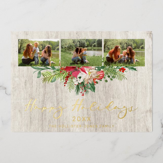 Christmas Poinsettias Garland Classic 3 Photos Folieneinladung (Vorderseite)