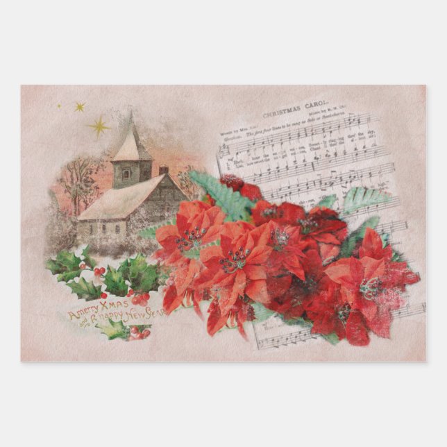 Christmas Poinsettias Vintage Geschenkpapier Set (Vorderseite)