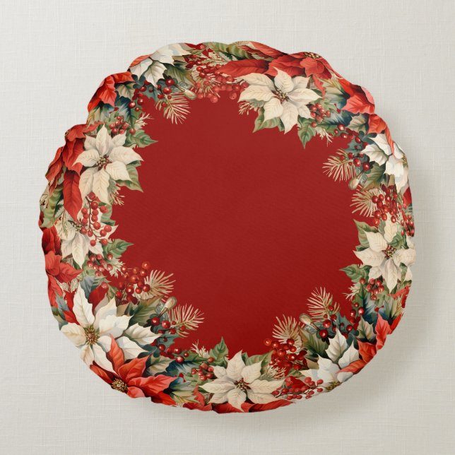 Christmas Poinsettias Wreath Rundes Kissen (Vorderseite)