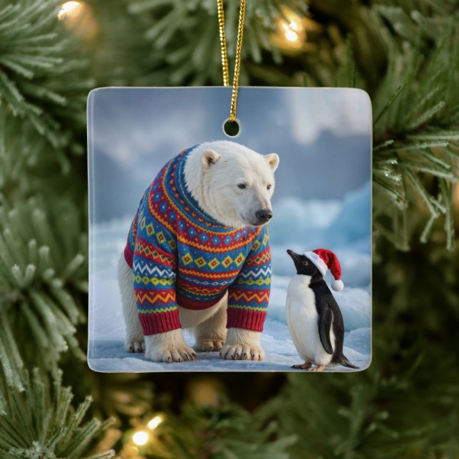 Christmas Polar Bear and Penguin On a Glacier Keramikornament (Baum)