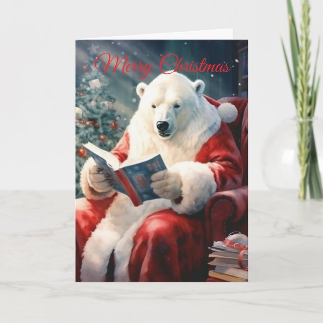 Christmas Polar Bear reading Feiertagskarte (Vorderseite)