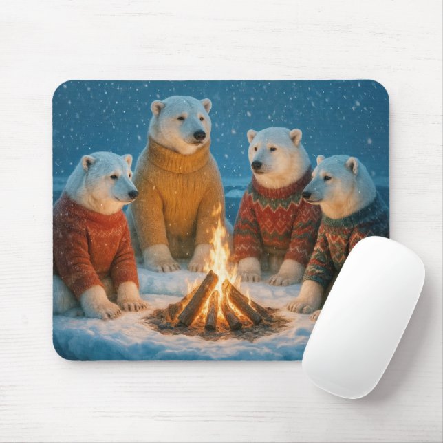 Christmas Polar Bears Around a Bonfire Mousepad (Mit Mouse)