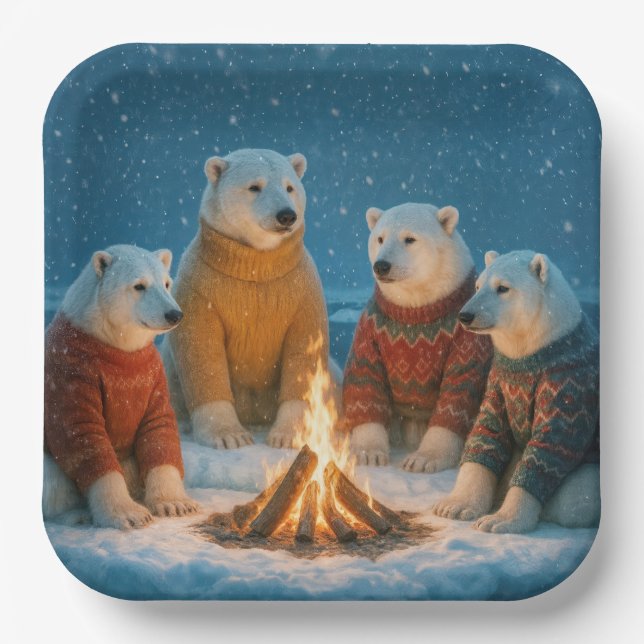 Christmas Polar Bears Around a Bonfire Pappteller (Vorderseite)