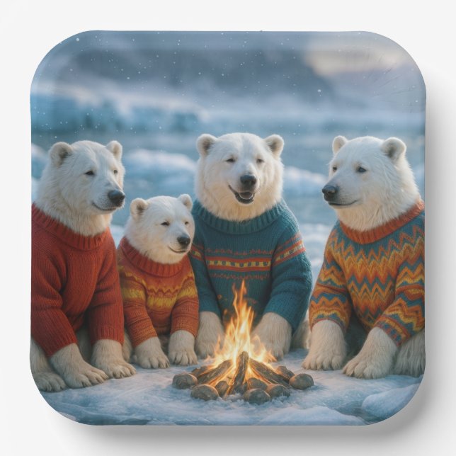 Christmas Polar Bears Around a Bonfire Pappteller (Vorderseite)