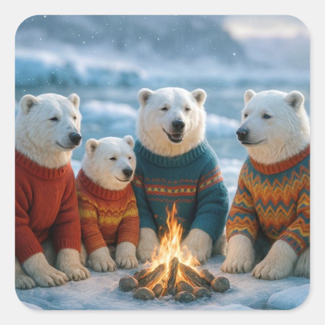 Christmas Polar Bears Around a Bonfire Quadratischer Aufkleber (Vorderseite)