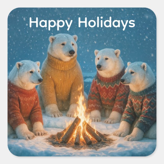 Christmas Polar Bears Around a Bonfire Quadratischer Aufkleber (Vorderseite)