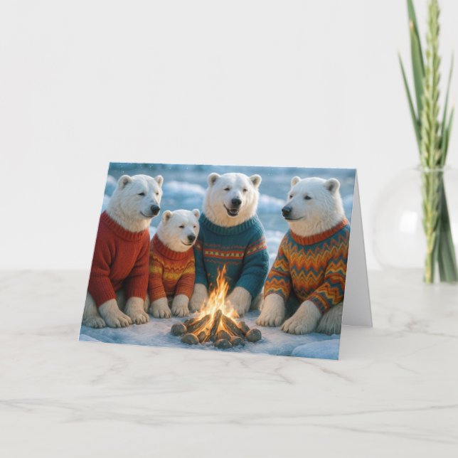 Christmas Polar Bears Gathering Around a Bonfire Karte (Vorderseite)