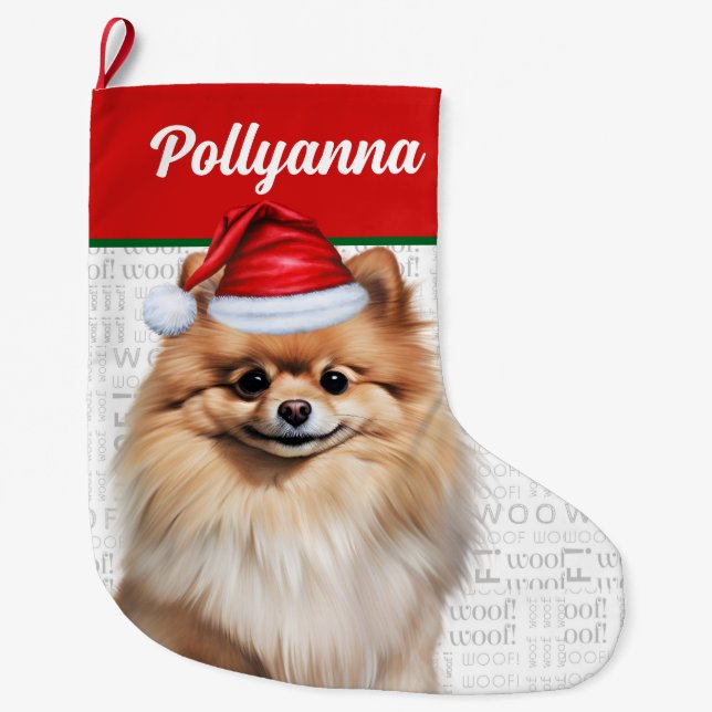 Christmas Pomeranian Dog with Name Woof Großer Weihnachtsstrumpf (Vorderseite)