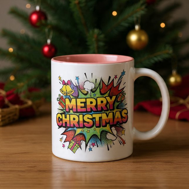 Christmas Pop Art Comic Explode Zweifarbige Tasse (Von Creator hochgeladen)