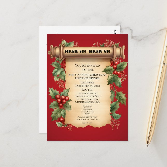 Christmas Potluck Dinner Old World Scroll Einladun Postkarte (Vorderseite/Rückseite Beispiel)