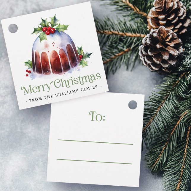 Christmas pudding holly berries watercolor geschenkanhänger (Christmas pudding holly berries watercolor favor tags)