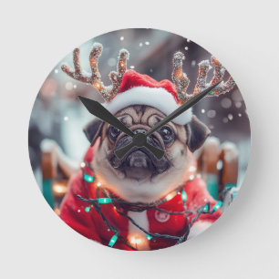 Christmas Pug Wall Clock with Reindeer Antlers - F Runde Wanduhr