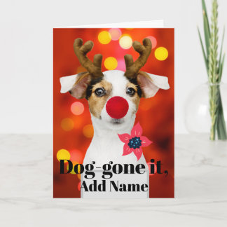 Christmas Pup Antlers Add Name Holiday Card Feiertagskarte