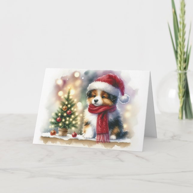 Christmas Puppy with Santa Hat and Red Scarf Blank Karte (Vorderseite)