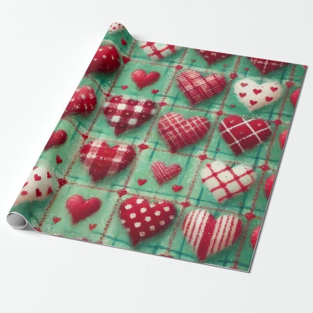 Christmas Quilted Hearts Green Red White  Geschenkpapier (Ungerollt)