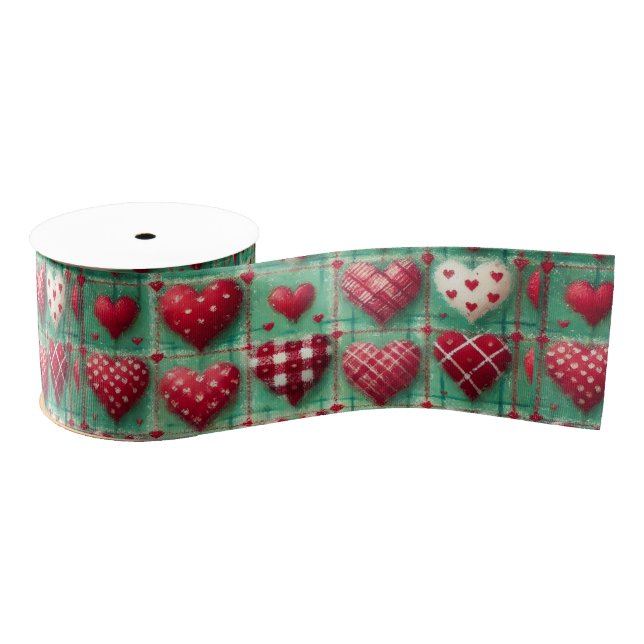 Christmas Quilted Hearts Green Red White  Ripsband (Spule)