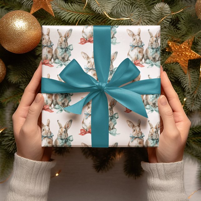 Christmas Rabbits with Bows Wrapping Paper Geschenkpapier (Von Creator hochgeladen)