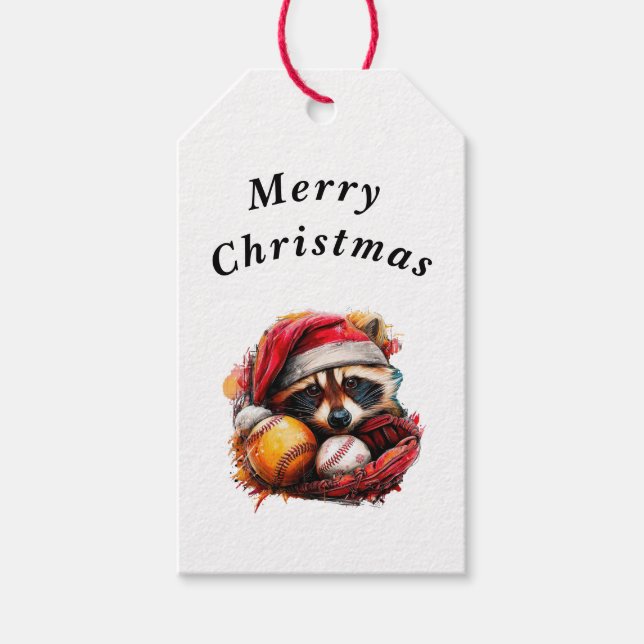 Christmas Raccoon Baseball Gift Tag (Vertical) Geschenkanhänger (Vorderseite)