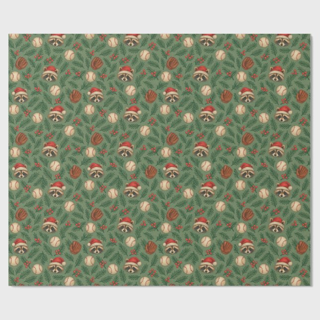 Christmas Raccoon Baseball Wrapping Paper Geschenkpapier (Flach)