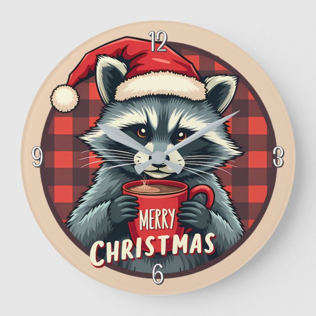 Christmas Raccoon Cocoa Cheer Große Wanduhr (Vorderseite)