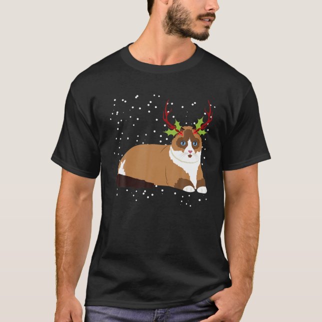 Christmas Ragdoll Cat Reindeer Antlers T-Shirt (Vorderseite)